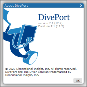 The About DivePort dialog box, showing the version and point release numbers.